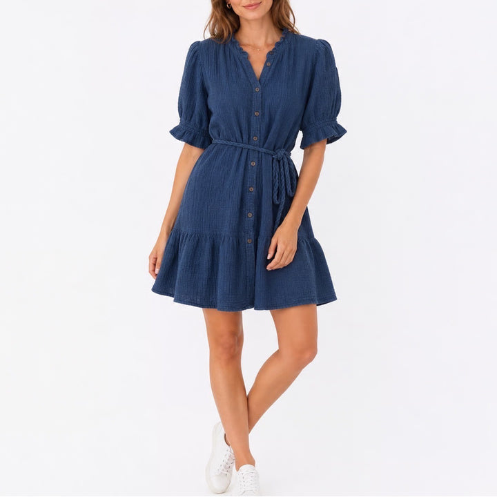 Gap Womens Blue Cotton Gauze Ruffle Mini Dress Braided Belt Short Puff Sleeve M