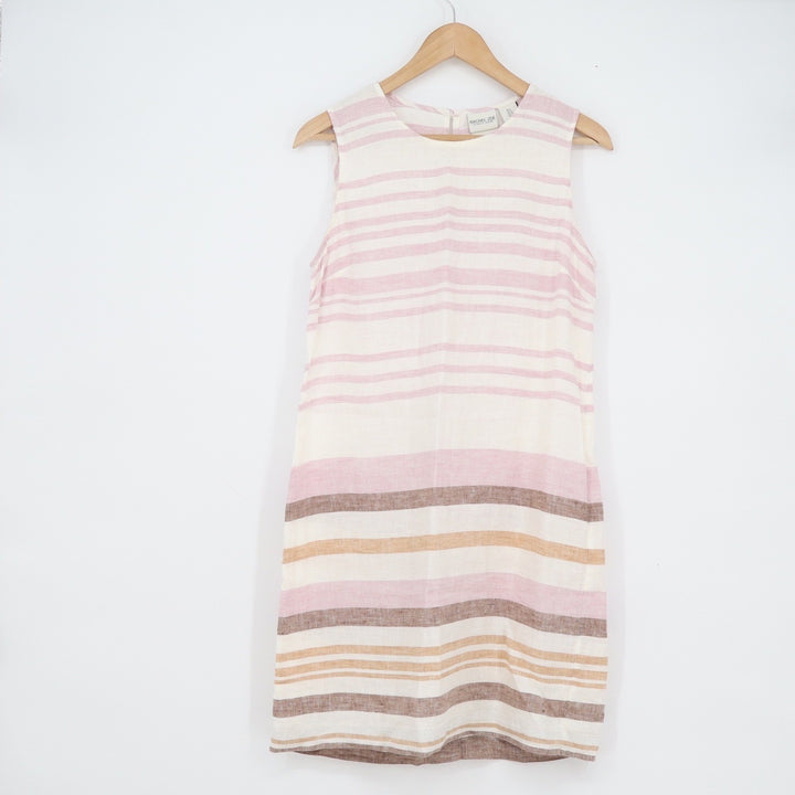 Rachel Zoe Pink Tan Striped 100% Linen Sleeveless Shift Dress Womens Size 6