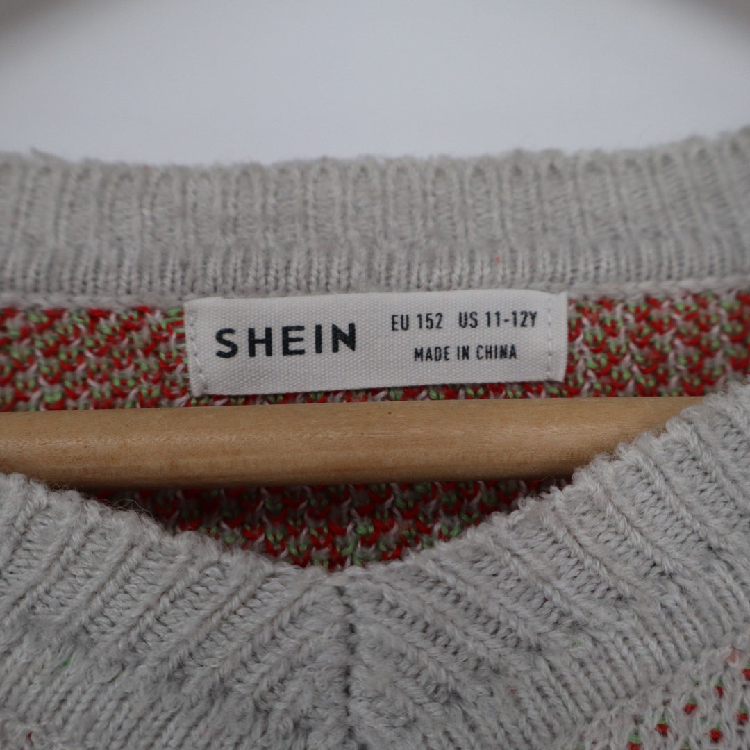 SHEIN Girls Strawberry Print Cropped V-Neck Sweater Beige Red Size 11-12Y