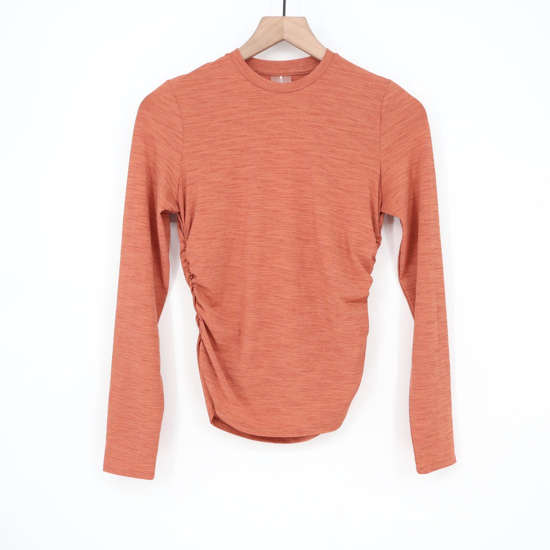 CALIA Tissue Texture Long Sleeve Crew Neck Ruched Top Dark Orange XS