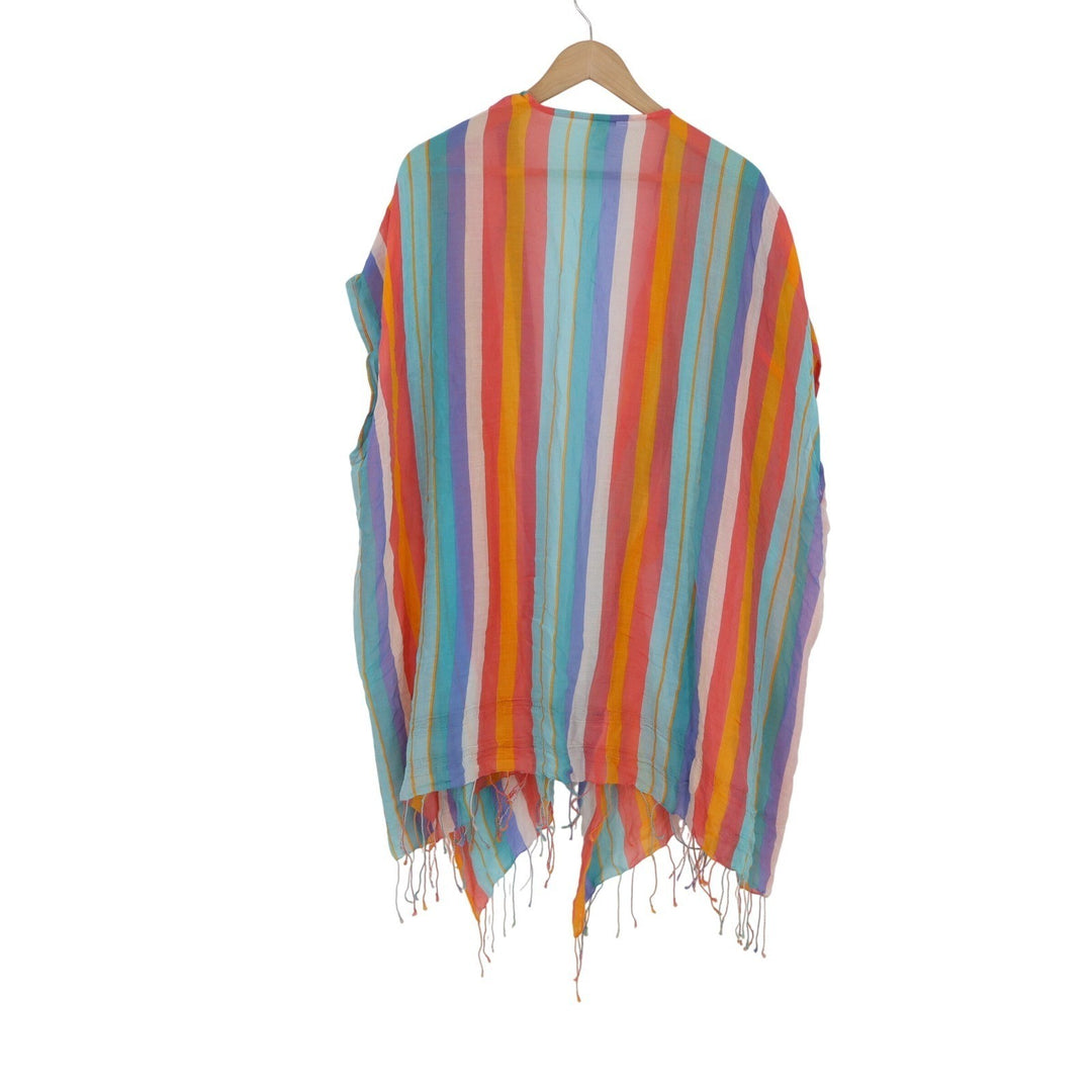 J.Crew Womens Rainbow Striped Organic Cotton Fringe Wrap Kimono S/M Multicolor