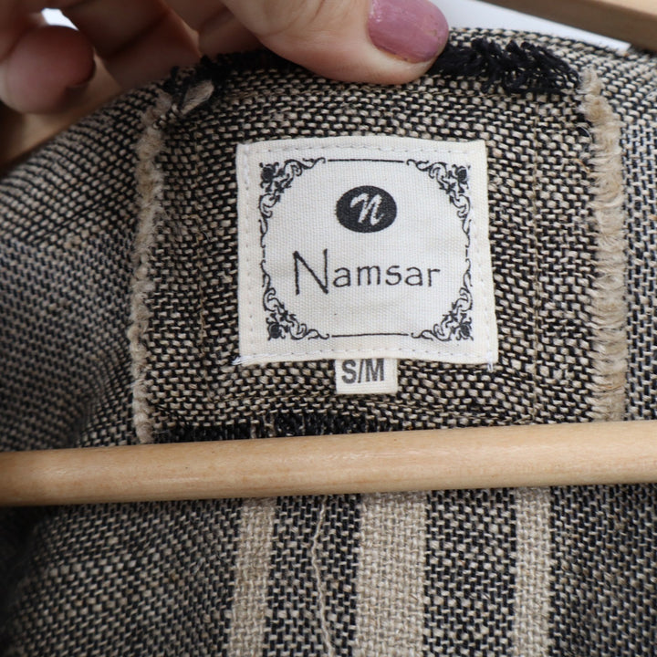 Namsar Grey 100% Linen Button Front Duster Shirt Dress Stripe Detail S/M India
