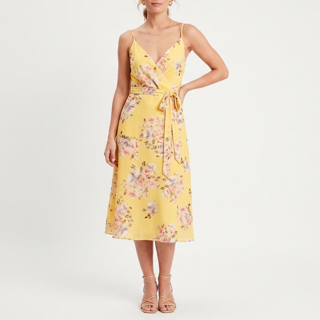 Mi Ami Yellow Floral Midi Dress Surplice V-Neck Spaghetti Strap L