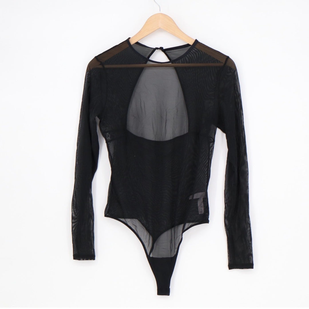 Auden Intimates Bodysuit Womens Medium Black Stretch Sheer Mesh Long Sleeve