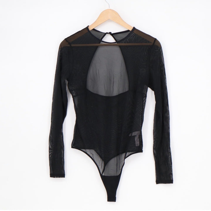 Auden Intimates Bodysuit Womens Medium Black Stretch Sheer Mesh Long Sleeve