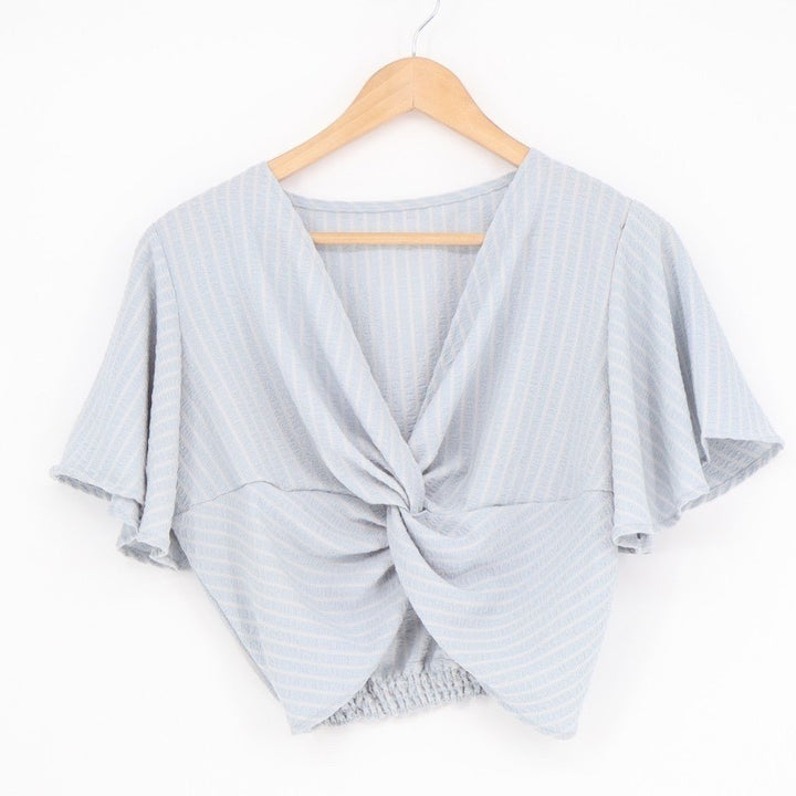 Crop Top Womens M/L Blue Striped Twisted Back Pleated V-Neck Butterfly Sleeve