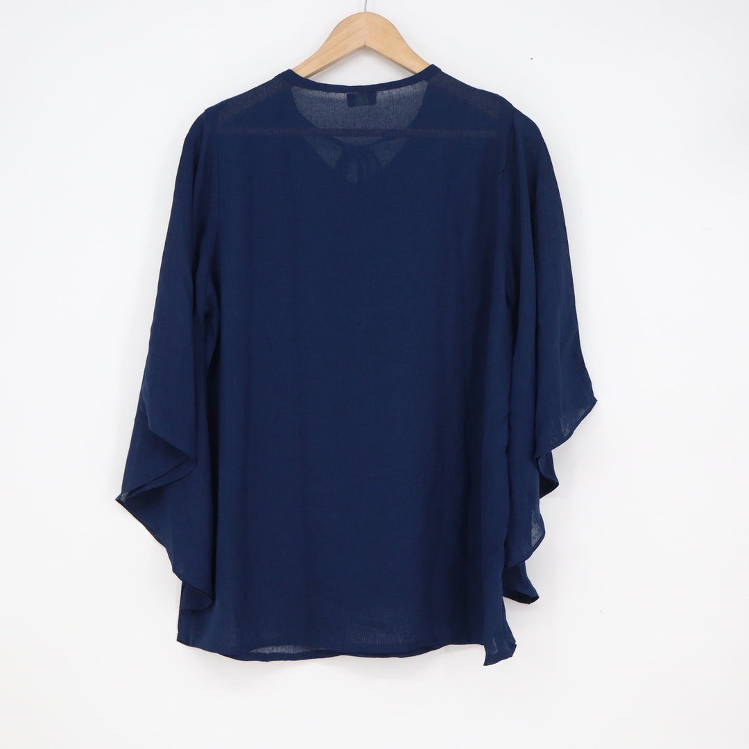 Fantabulous Navy Blue Tie Neck Cape Overlay Chiffon Blouse XL Butterfly Sleeve