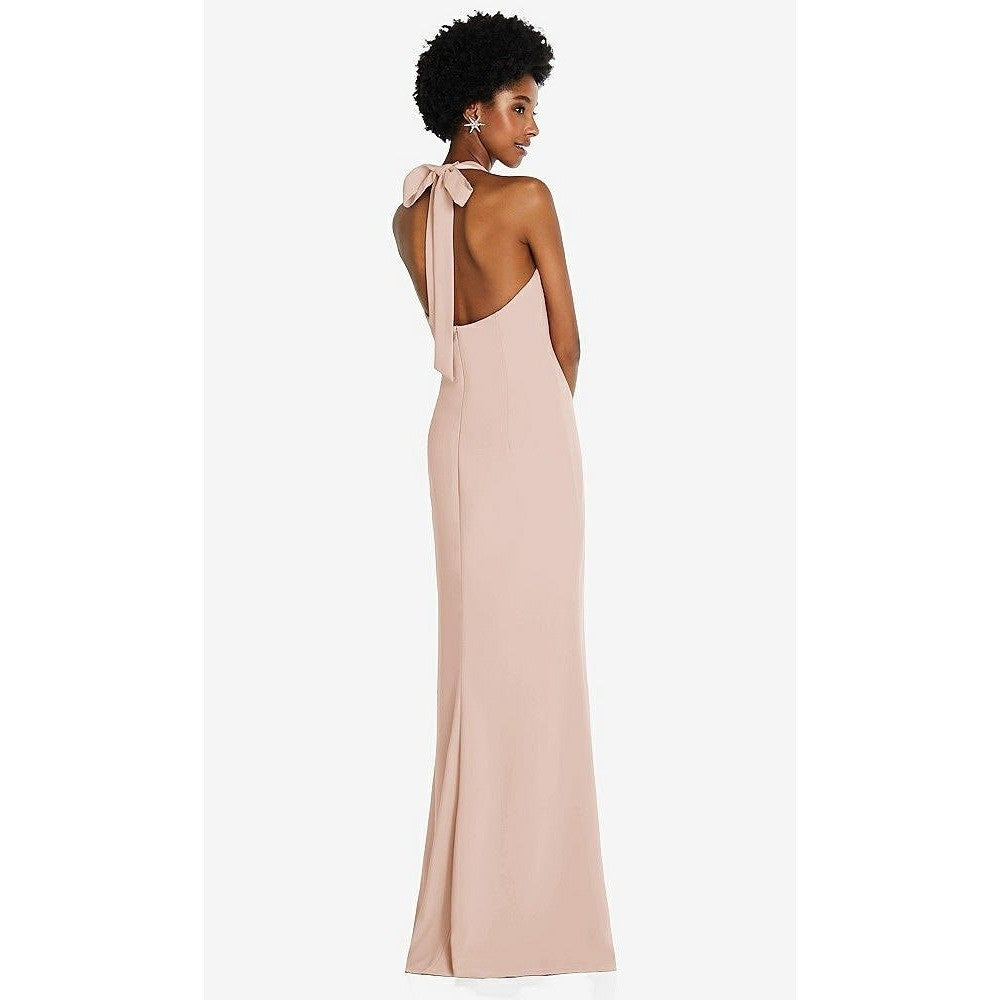 Thread Tie Halter Open Back Trumpet Gown In Cameo Size M