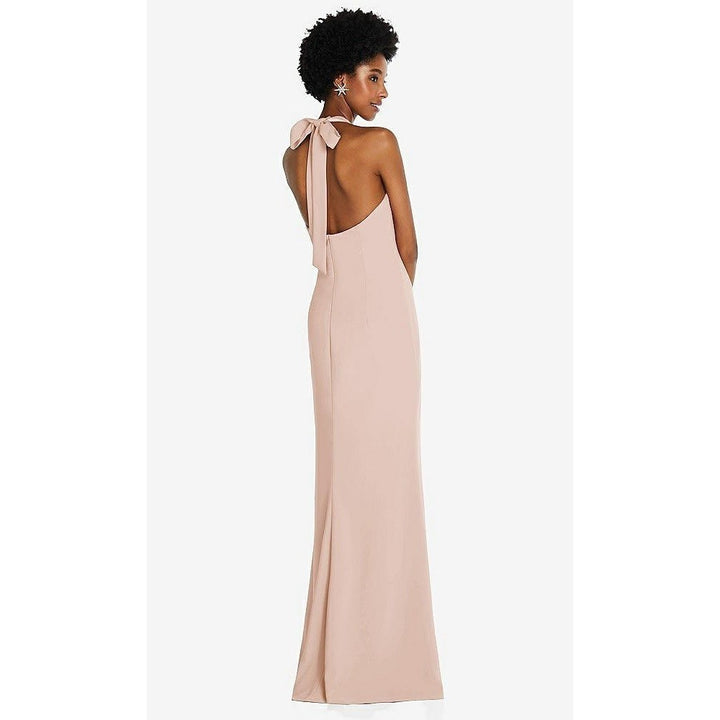 Thread Tie Halter Open Back Trumpet Gown In Cameo Size M