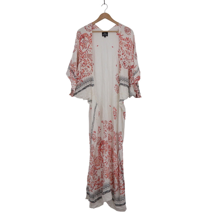 Angie White Coral Pink Floral Kimono Duster Maxi Open Front One Size