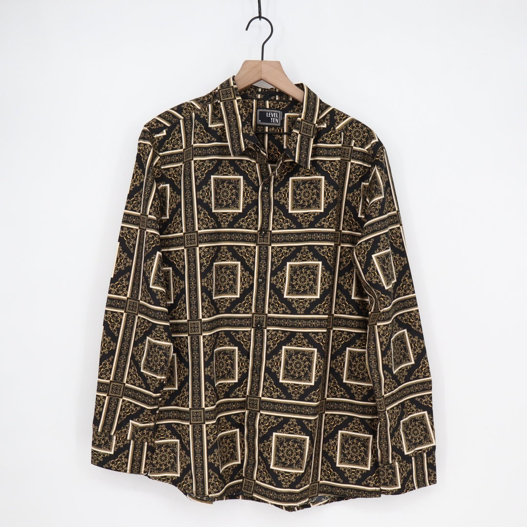 Level Ten Shirt Mens M Black Gold Patterned Long Sleeve Spread Collar Button Up