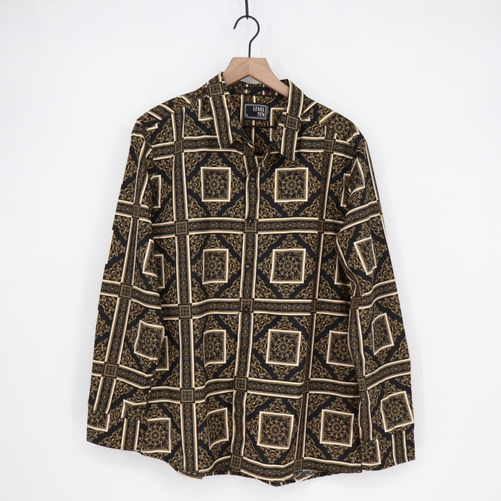 Level Ten Shirt Mens M Black Gold Patterned Long Sleeve Spread Collar Button Up