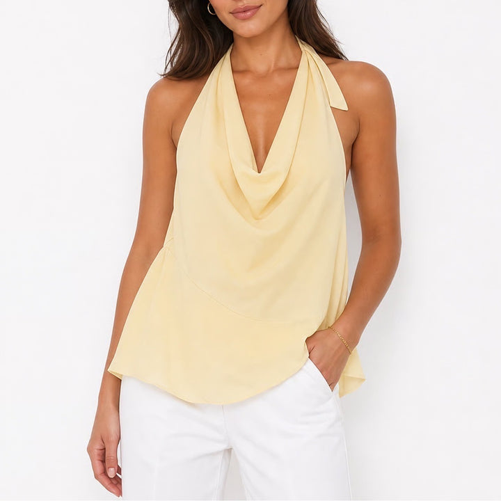 Butter Yellow Cowl Neck Halter Mini Dress Open Back Summer Party Size S