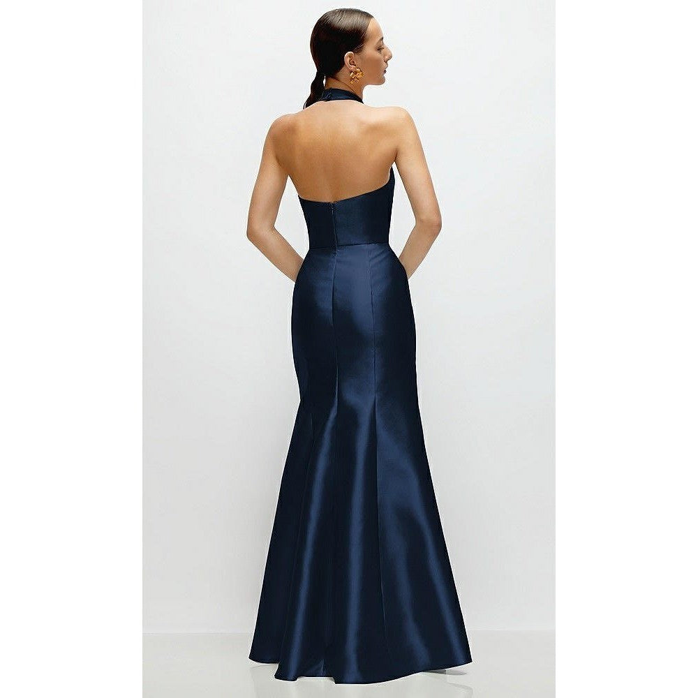 Navy blue evening gown on a white background