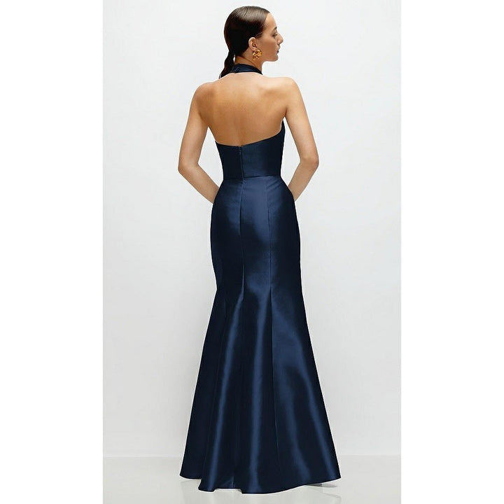 Navy blue evening gown on a white background