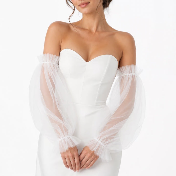 White Tulle Detachable Puff Sleeves Sheer Mesh Bridal Wedding Arm Covers Pair