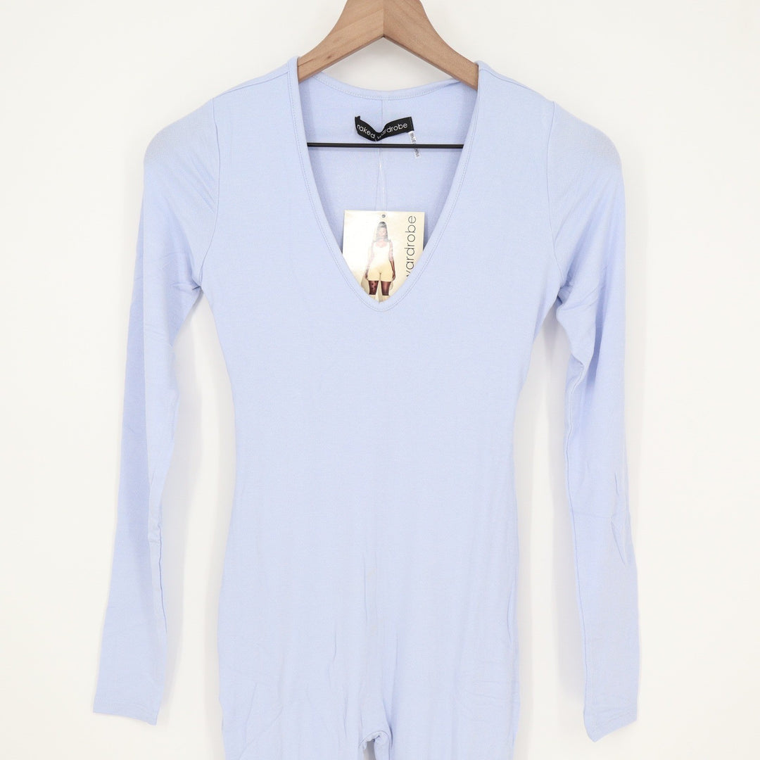 Naked Wardrobe Womens Long Sleeve V-Neck Jumpsuit Periwinkle Blue Size S