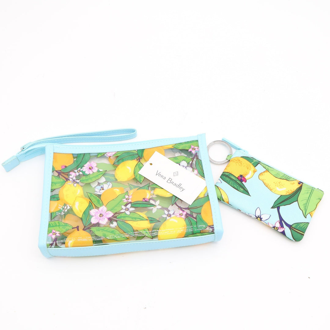 Vera Bradley Lemon Grove Clear Wristlet Pouch and Zip ID Case Set Light Blue NEW