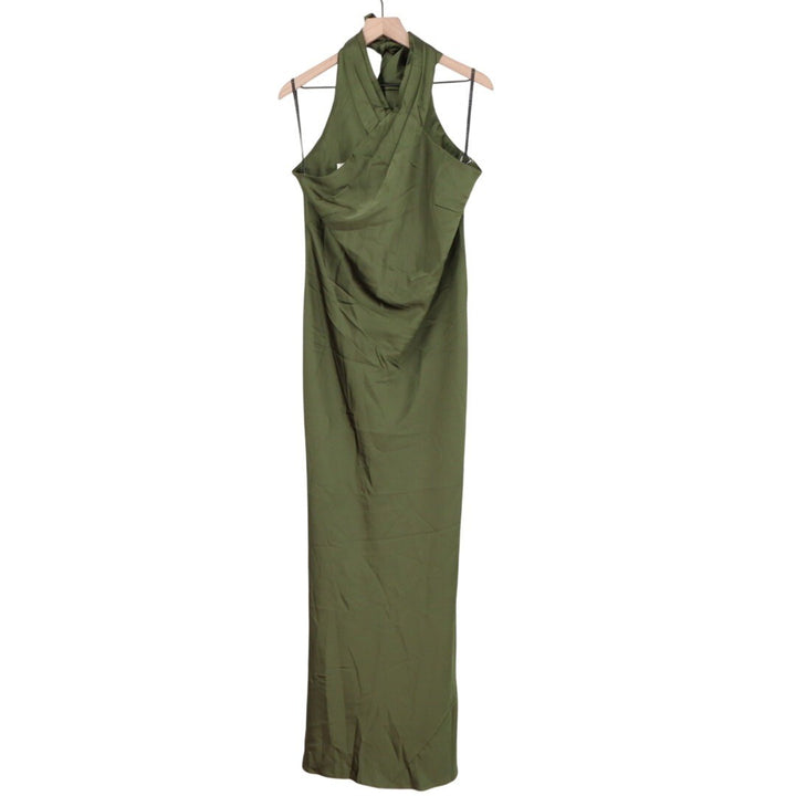 After Six Pleated Halter Bias Satin Maxi Dress With Bow Self-Tie Back Size L