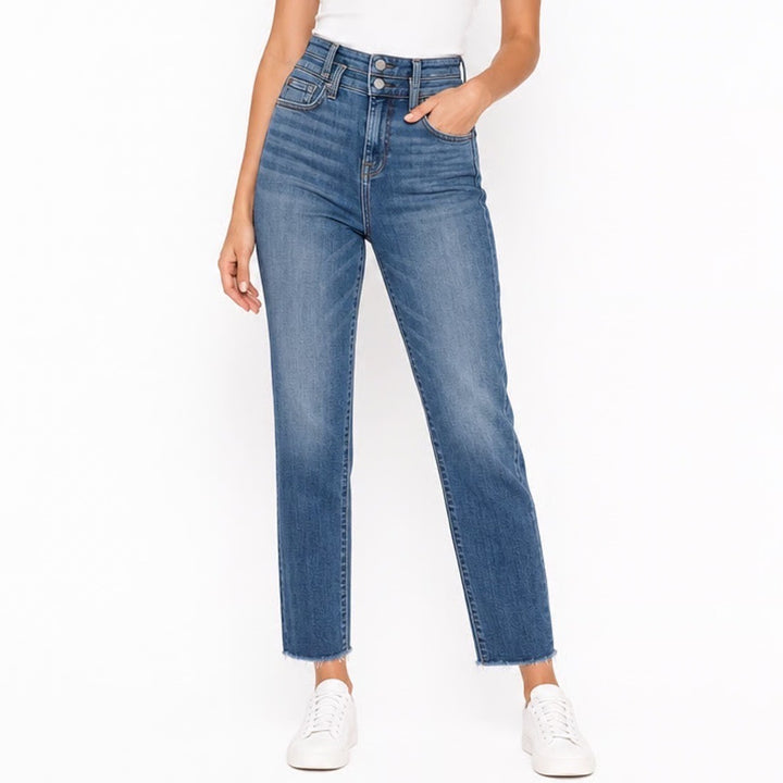 7 For All Mankind High Rise Skinny Jeans Blue Raw Hem Double Button Size 23