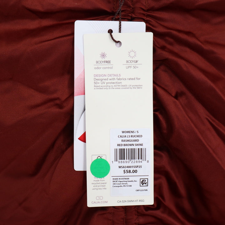 Calia Womens Ruched Long Sleeve Rashguard Red Brown Shine UPF 50+ Small NEW