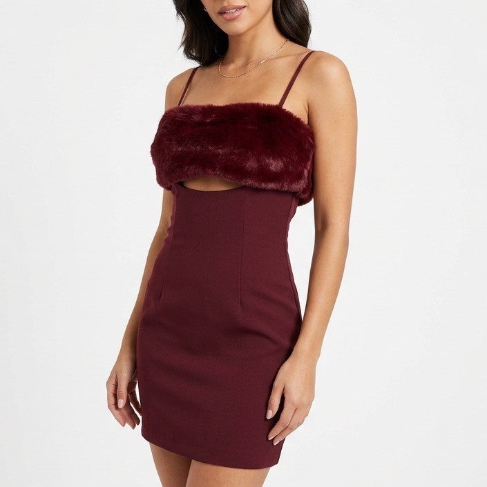 Naked Wardrobe Marron Burgundy Faux Fur Trim Cutout Mini Dress S