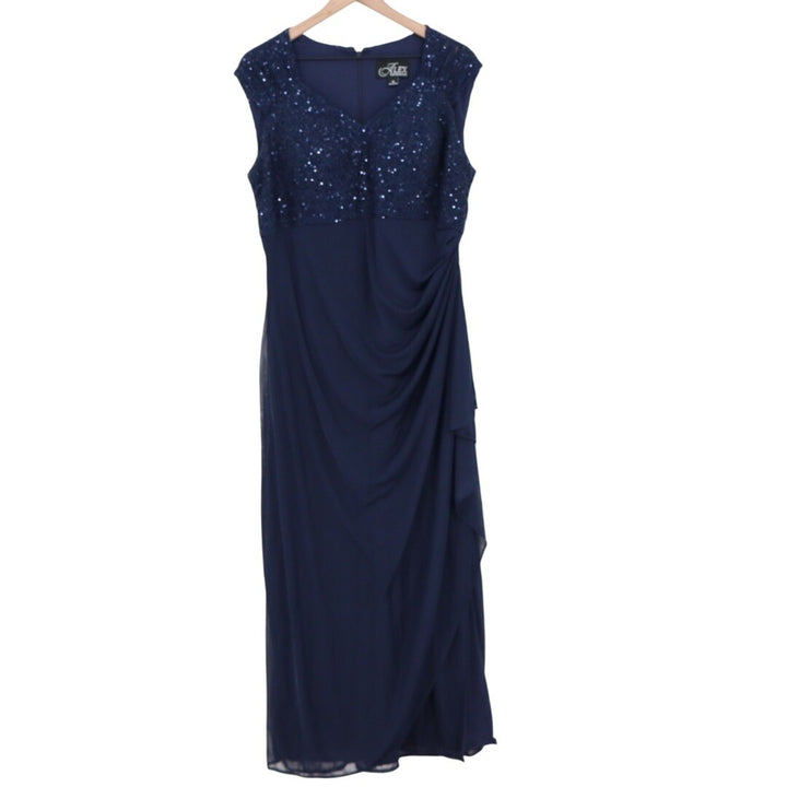 Alex Evenings Navy Blue Sequin Lace Evening Gown Size 16