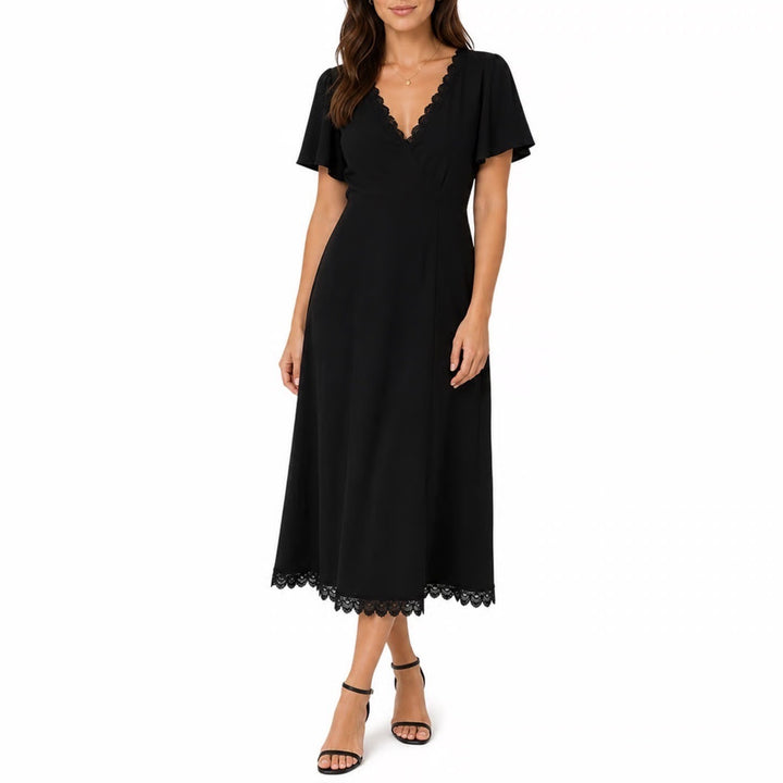 Bloomchic Black Lace Trim V-Neck Midi Dress Plus Size 18-20 Short Sleeve