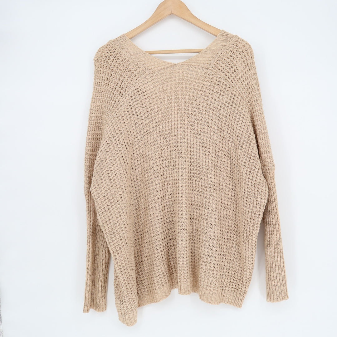 Honeycloth Cardigan Sweater Womens M/L Beige Waffle Knit Drop Shoulder V-Neck
