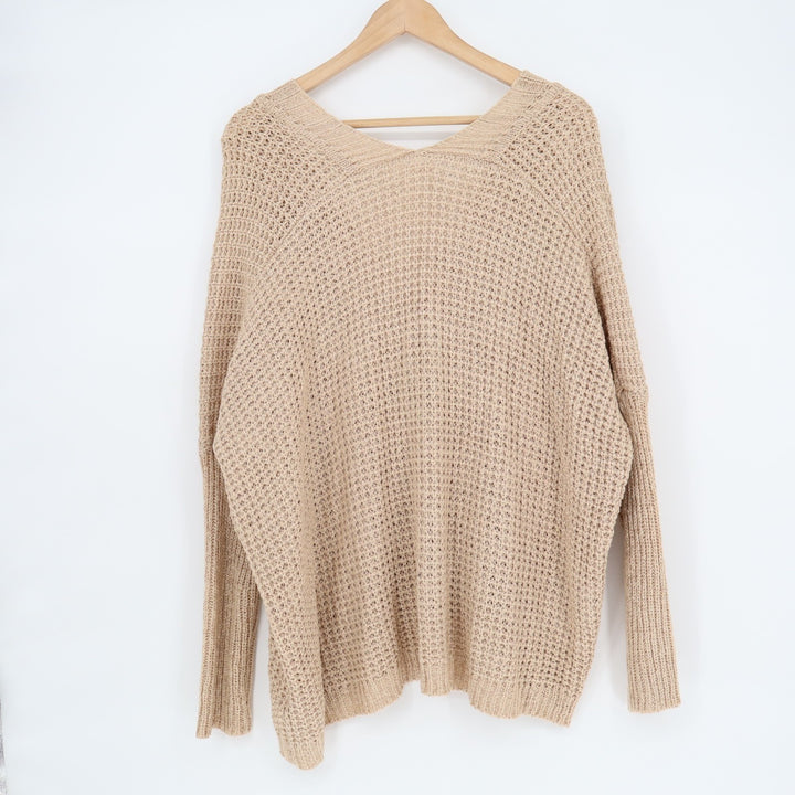 Honeycloth Cardigan Sweater Womens M/L Beige Waffle Knit Drop Shoulder V-Neck