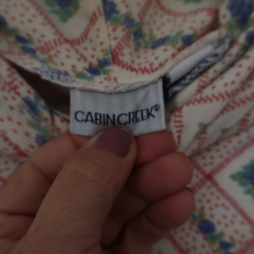 Cabin Creek Vintage 90s Floral Diamond Print Turtleneck Top XL Cream Blue Red