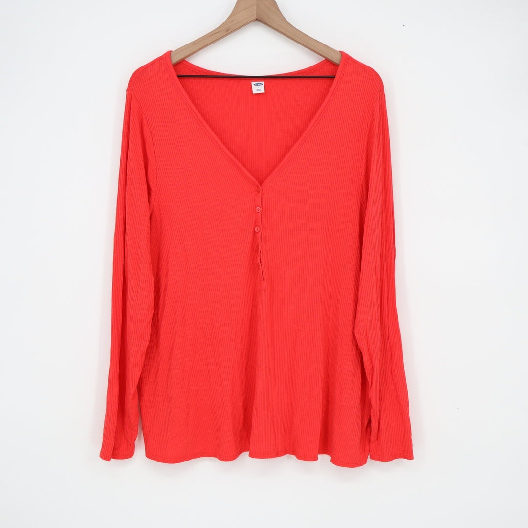 Old Navy Womens XL Red Ribbed Henley V-Neck Long Sleeve Top