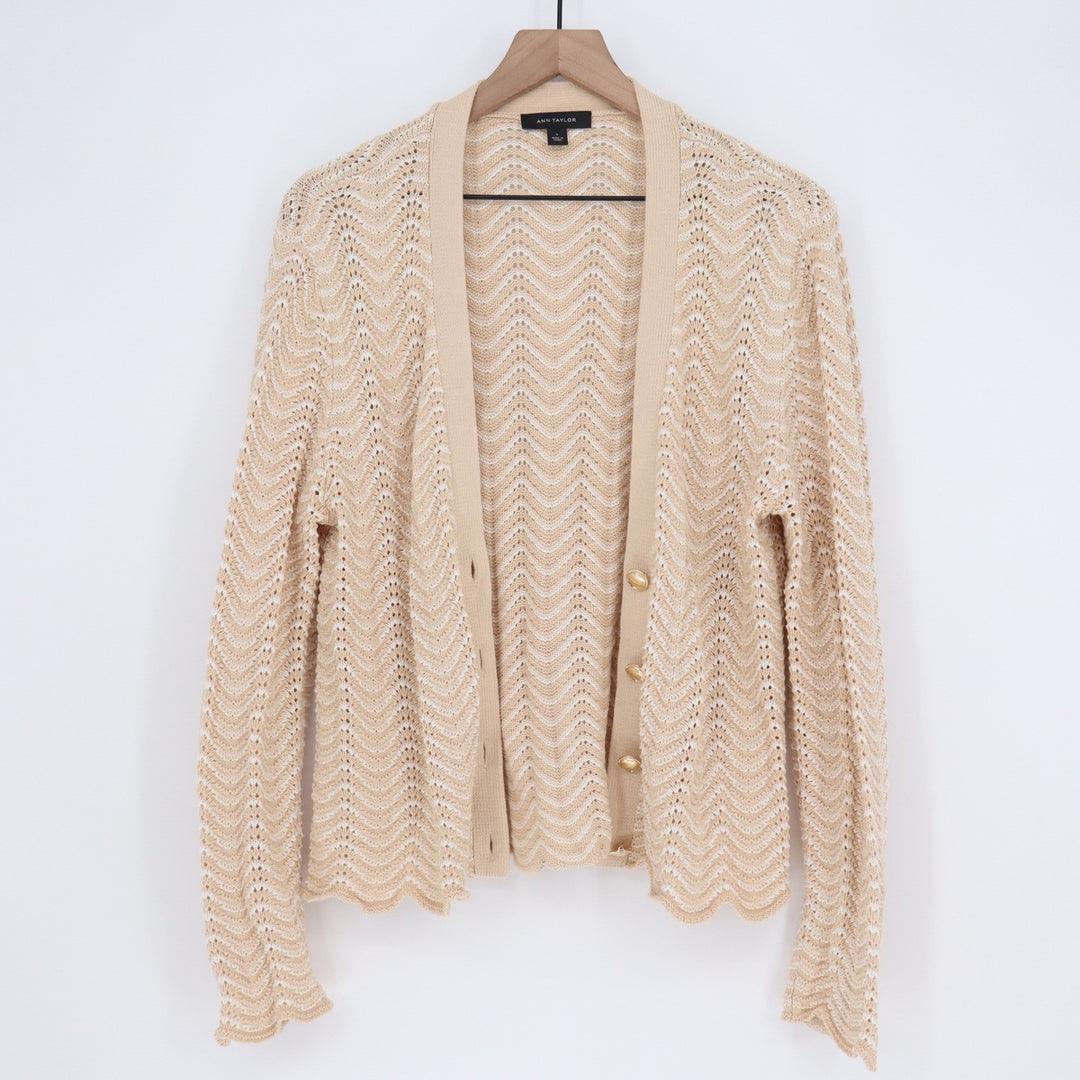 Ann Taylor Beige White Chevron Pointelle Cotton Cardigan Gold Buttons Large