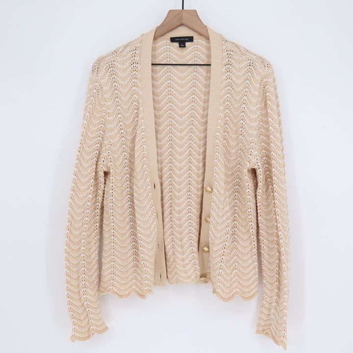 Ann Taylor Beige White Chevron Pointelle Cotton Cardigan Gold Buttons Large