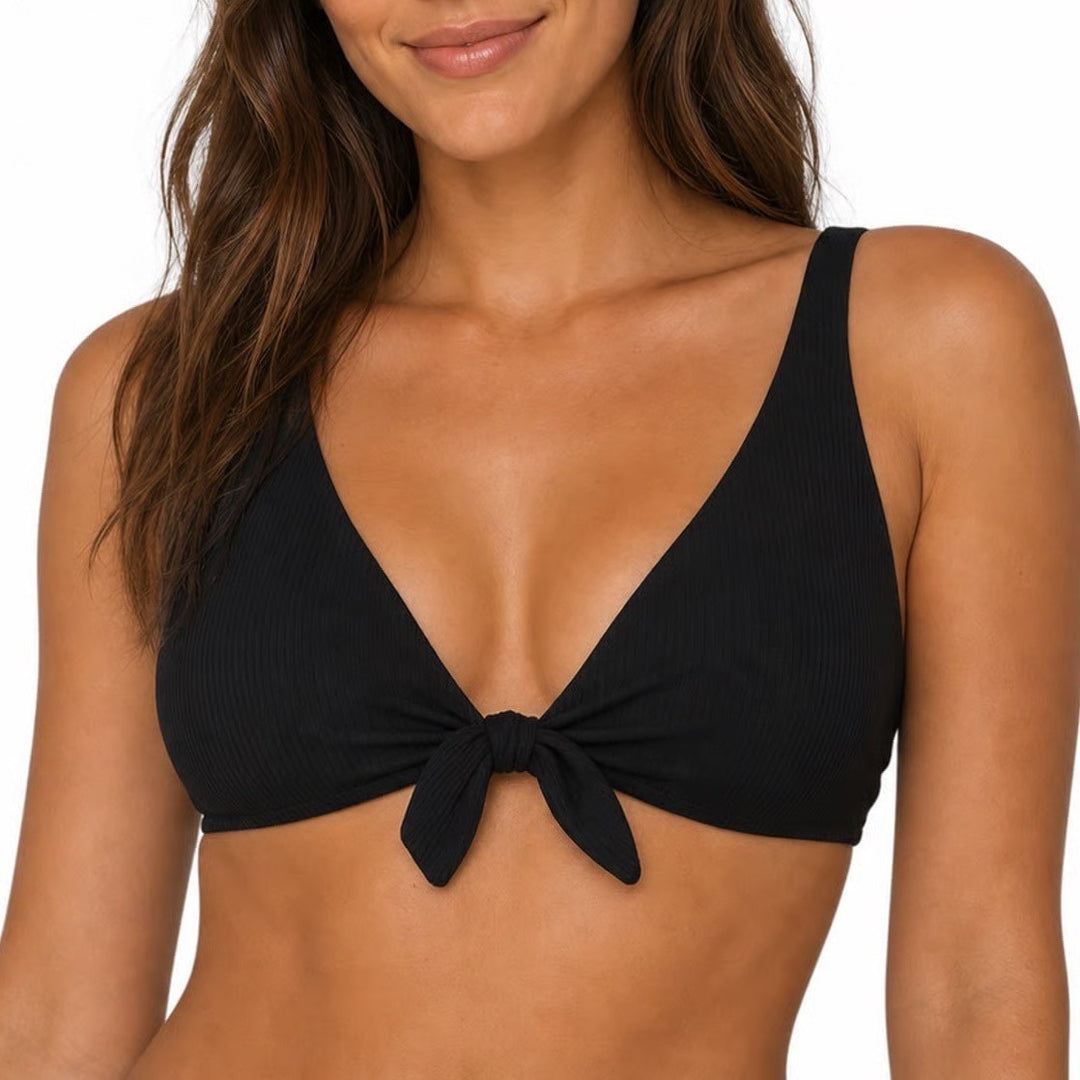 No Boundaries Black Ribbed Front Tie Bikini Top Size Large 11-13 NOBO Swim