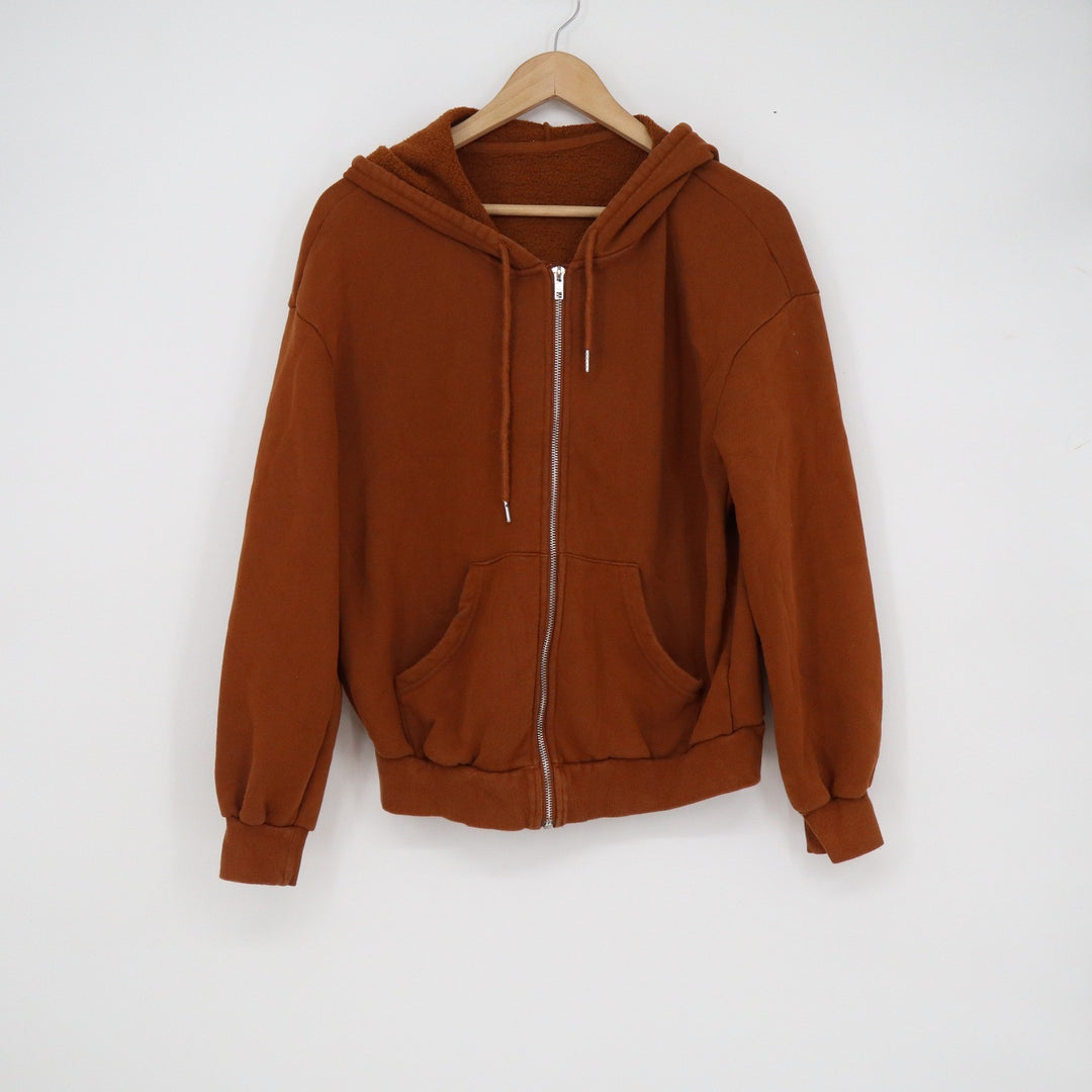 SHEIN Womens XS Burnt Orange Zip Up Hoodie Fleece Lined Rust Sweatshirt