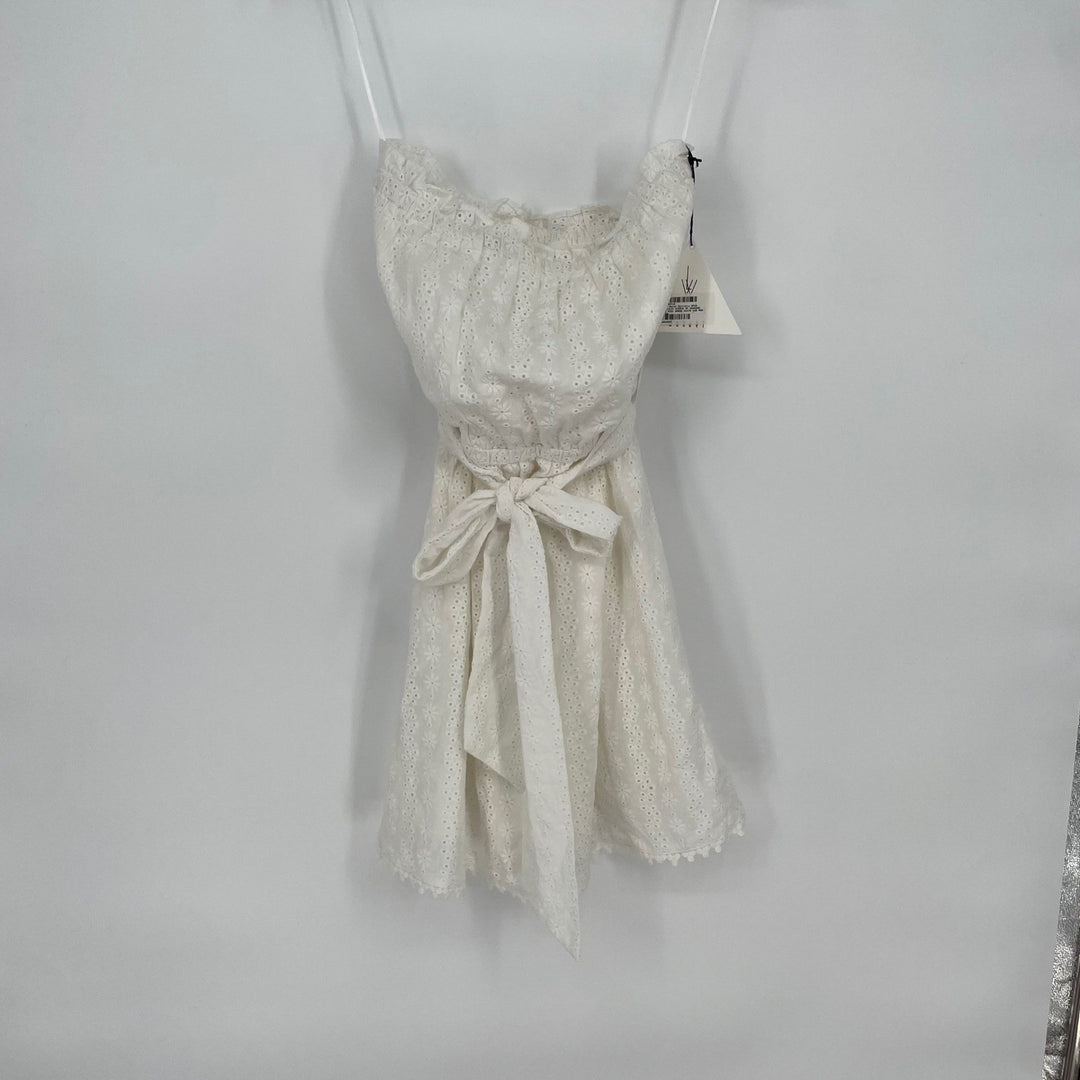 Lost + Wander White Eyelet Tie Waist Strapless Mini Dress Smocked Top Size S