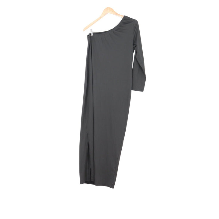 Black One Shoulder Maxi Dress Long Sleeve Side Slit Minimalist Medium