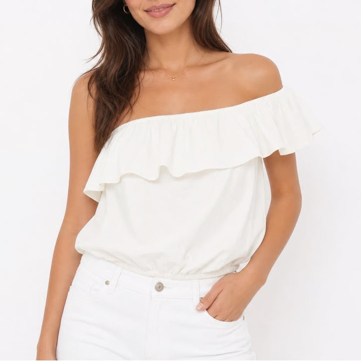 A New Day Womens One Shoulder Ruffle Top White Cotton Modal Size L
