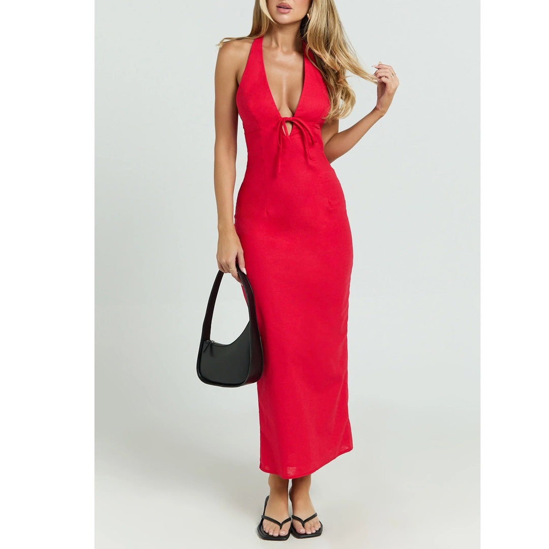 Showpo Lyla Red Linen Blend Halter Plunge Tie Front Midi Dress US 8