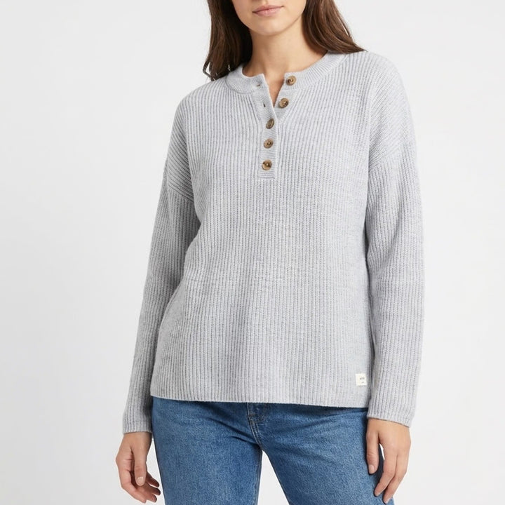 Aerie Sweater Womens Medium Gray Cotton Ribbed Henley Neck Chunky Knit Winter