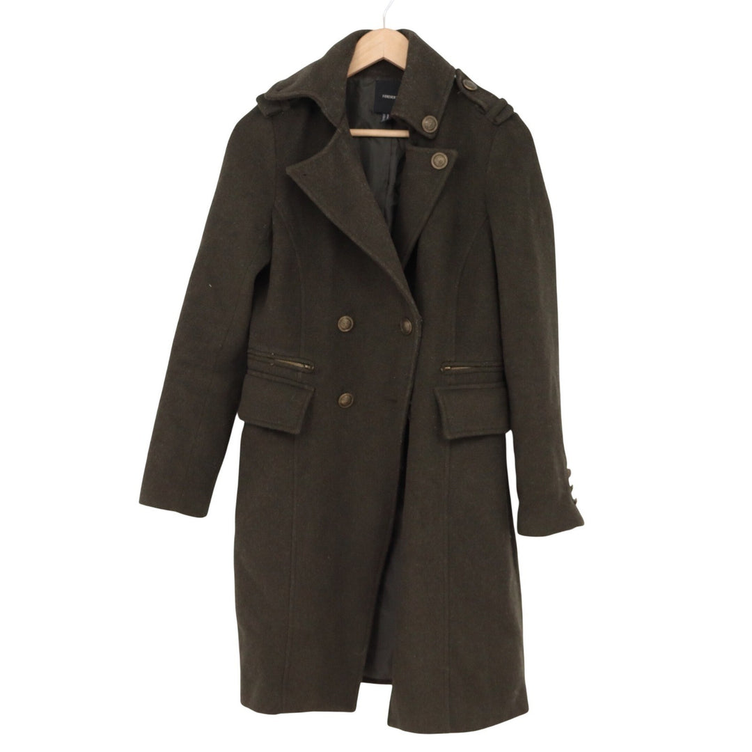 Forever 21 Wool Pea Coat Womens M Double Breasted Olive Green Military Good