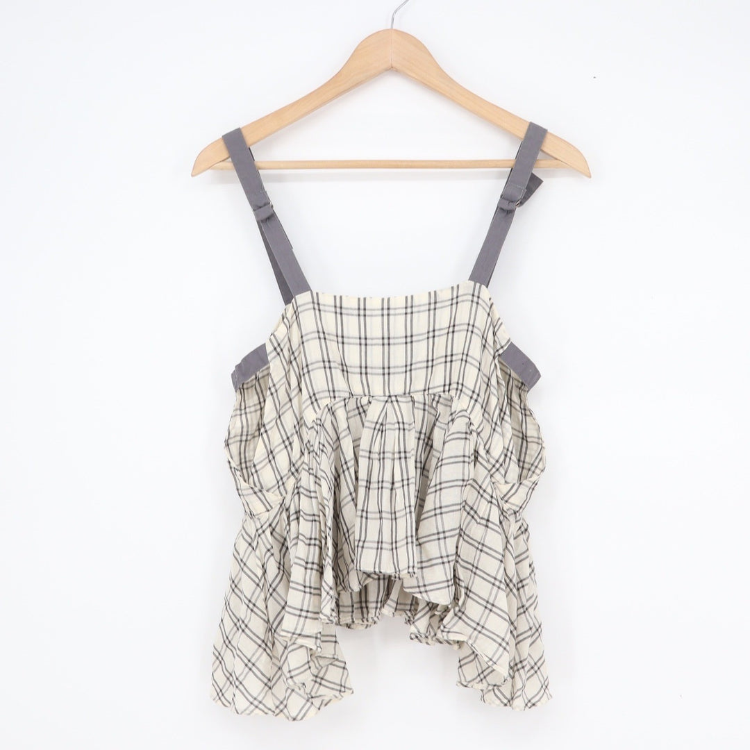 Free People Plaid Peplum Camisole Top Small Cream Black Adjustable Straps Cotton