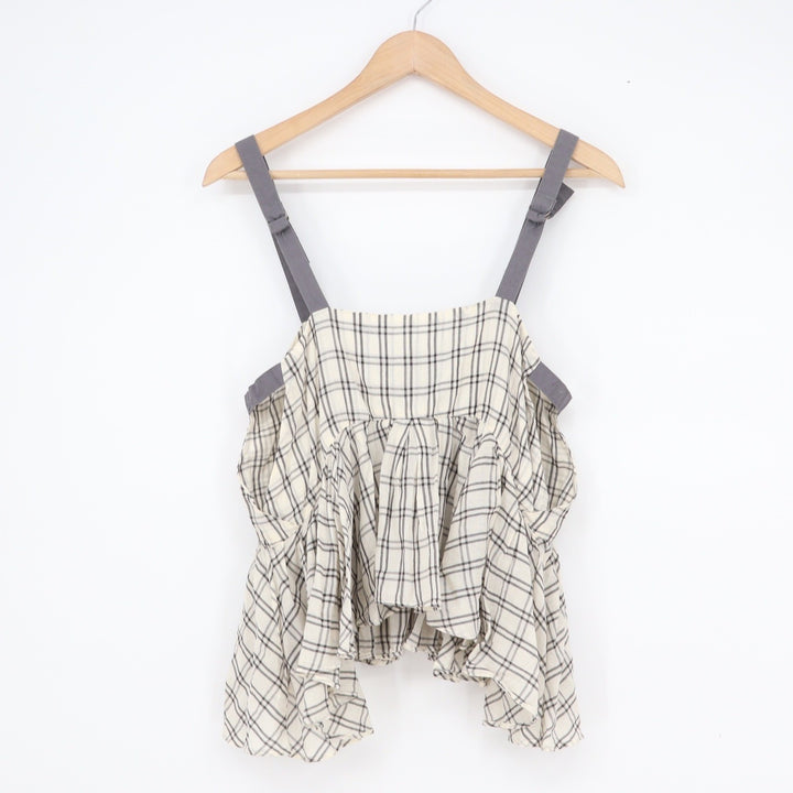 Free People Plaid Peplum Camisole Top Small Cream Black Adjustable Straps Cotton