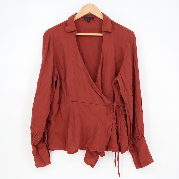 J. Crew Rust Red Linen Blend Wrap Long Sleeve Shirt Top Size 16