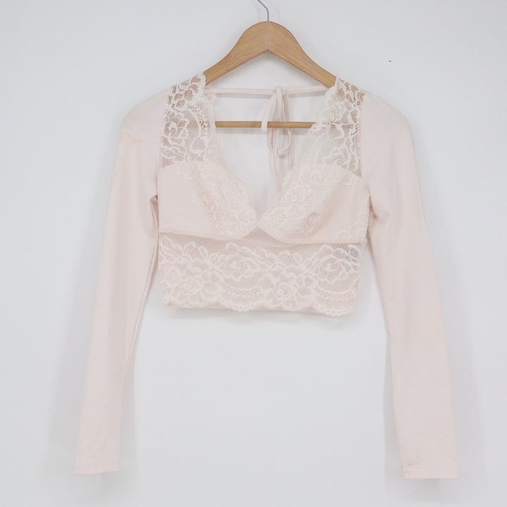 SHEIN Pale Pink Lace Panel Long Sleeve Crop Top Open Tie Back XS