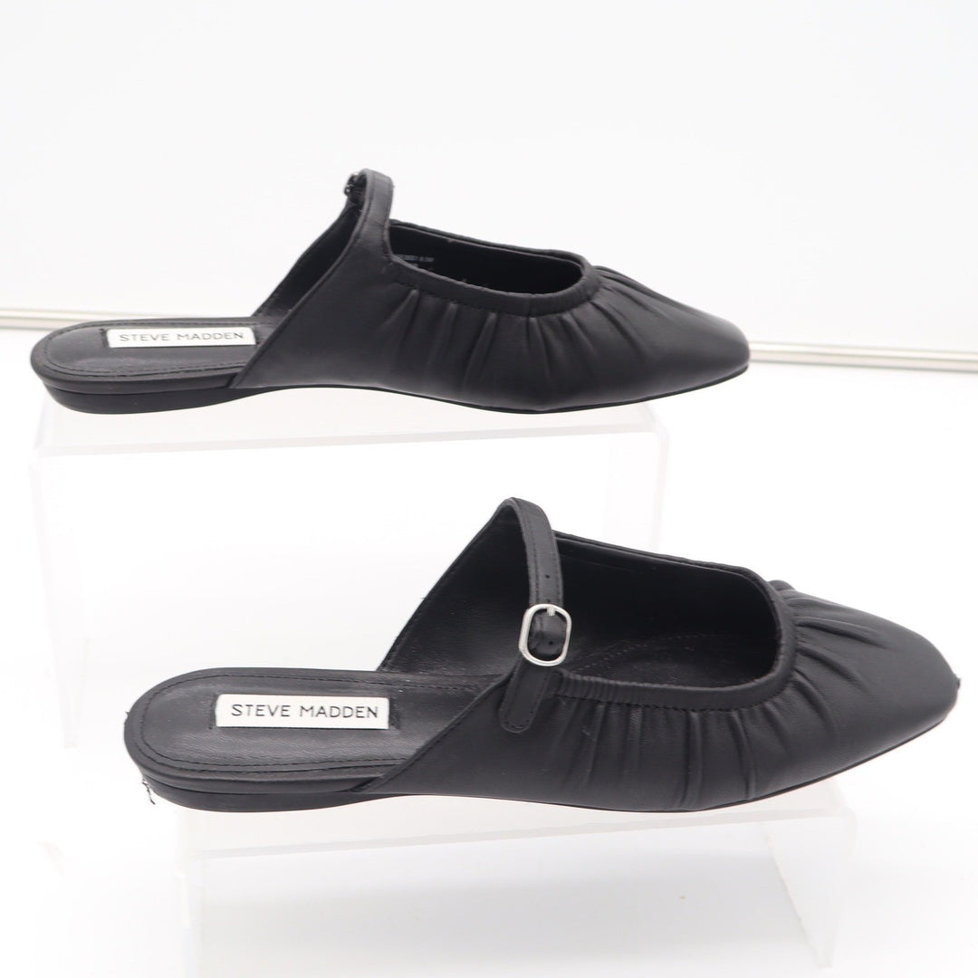 Steve Madden Womens Black Leather Ruched Mary Jane Mules Square Toe Flats 8.5