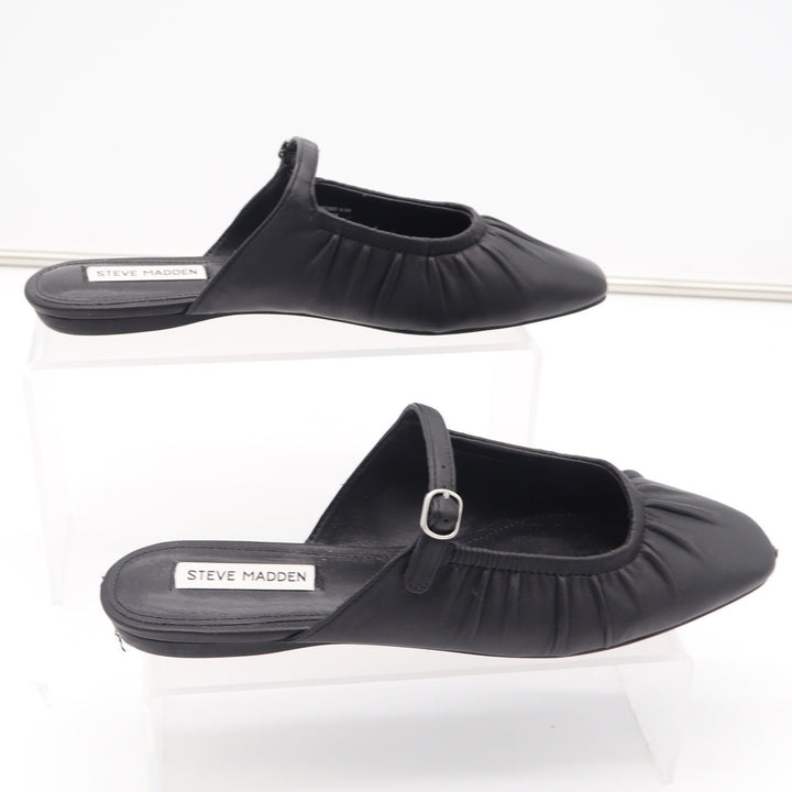Steve Madden Womens Black Leather Ruched Mary Jane Mules Square Toe Flats 8.5