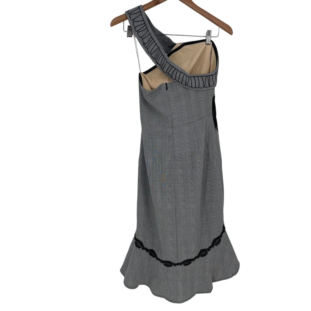 Foxiedox One Shoulder Plaid Ruffle Dress Black White Size 4