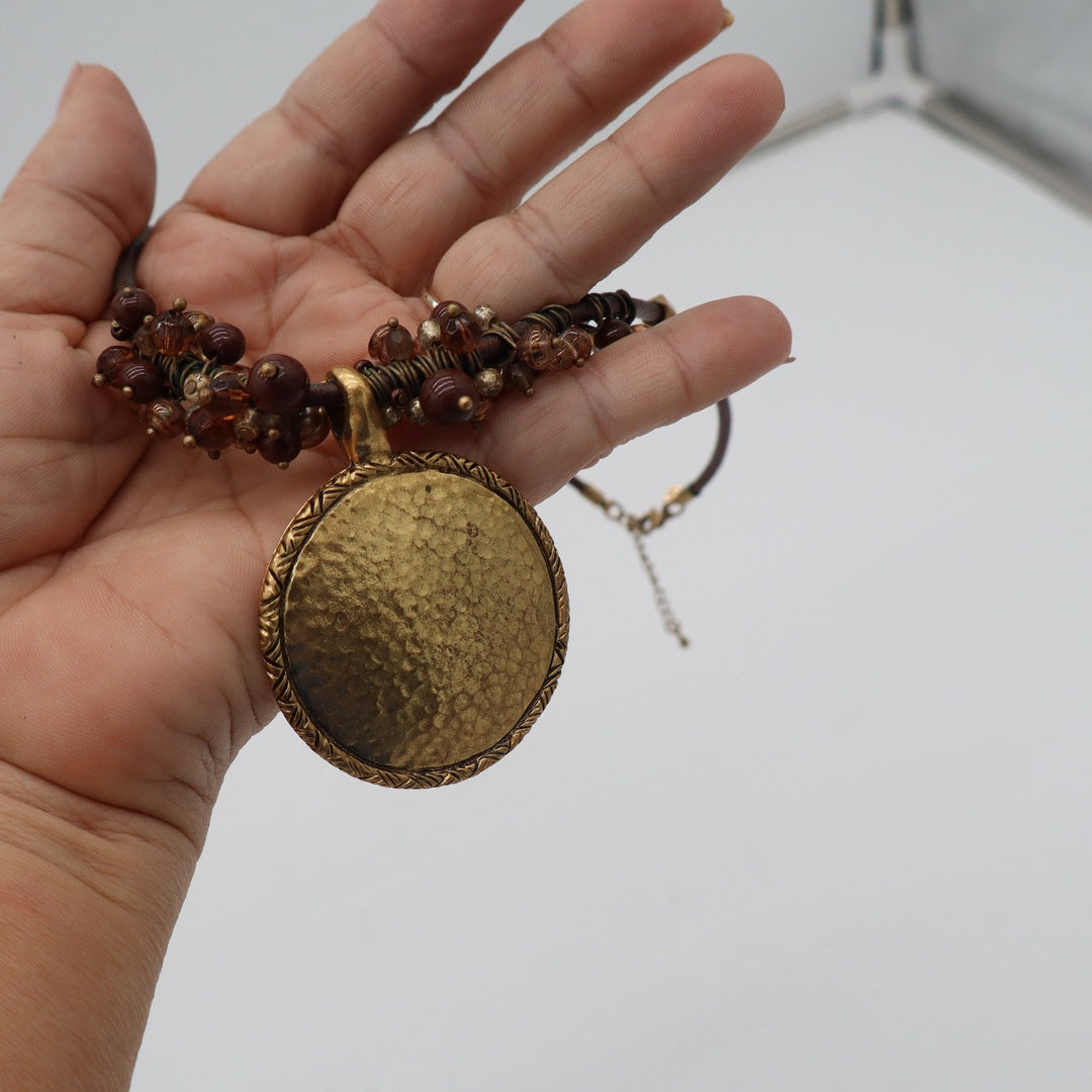 Hammered Gold Medallion Beaded Cord Necklace Brown Boho Statement